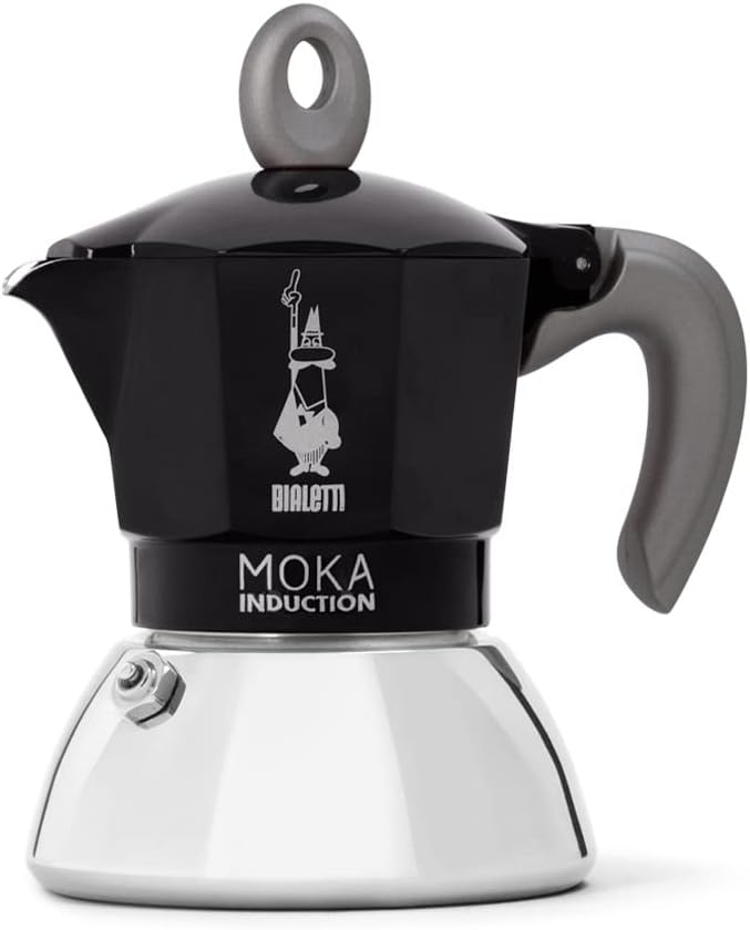 Bialetti Caffettiera Moka Induction, 2 Tazze (100 ml), Adatta a Tutti i piani cottura, Design Elegante, Nero