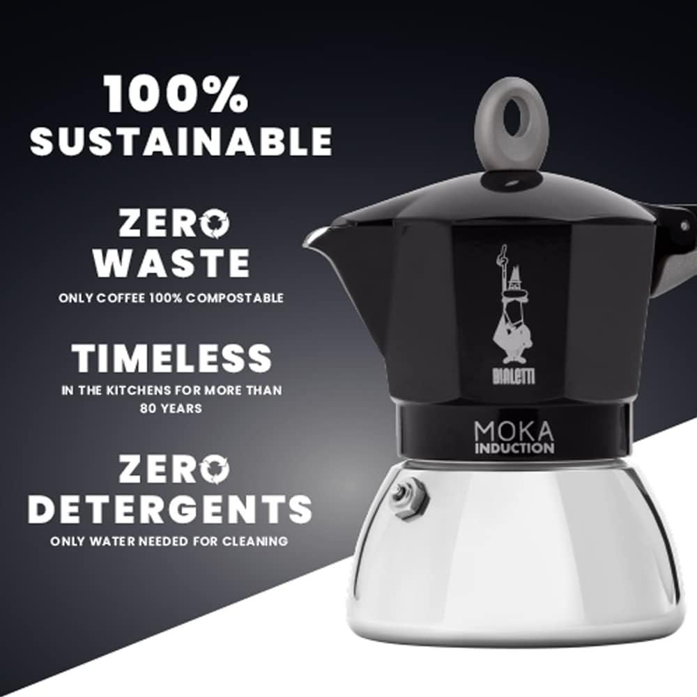 Bialetti Caffettiera Moka Induction, 2 Tazze (100 ml), Adatta a Tutti i piani cottura, Design Elegante, Nero