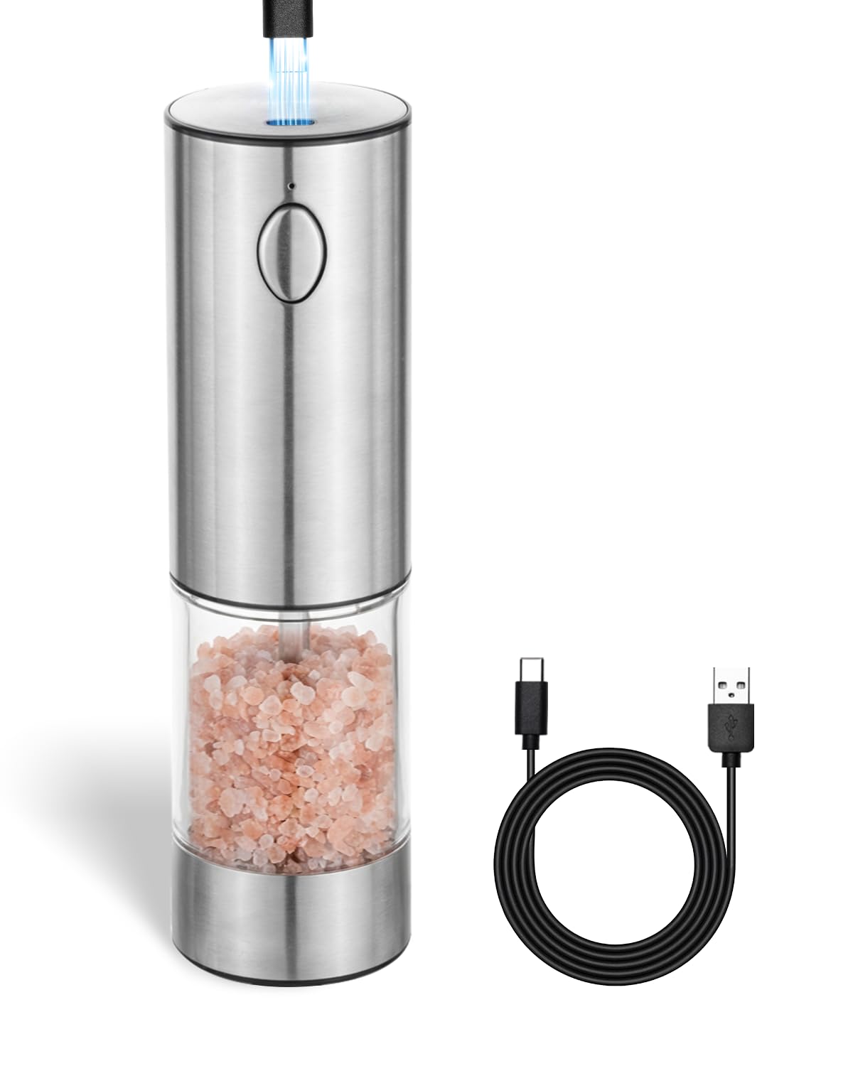 Electric Pepper and Salt Grinder 110ml USB Rechargeable Salt Pepper Mill Spice Grinder with 5 Levels of External Gear Adjustment with Viewing Window
