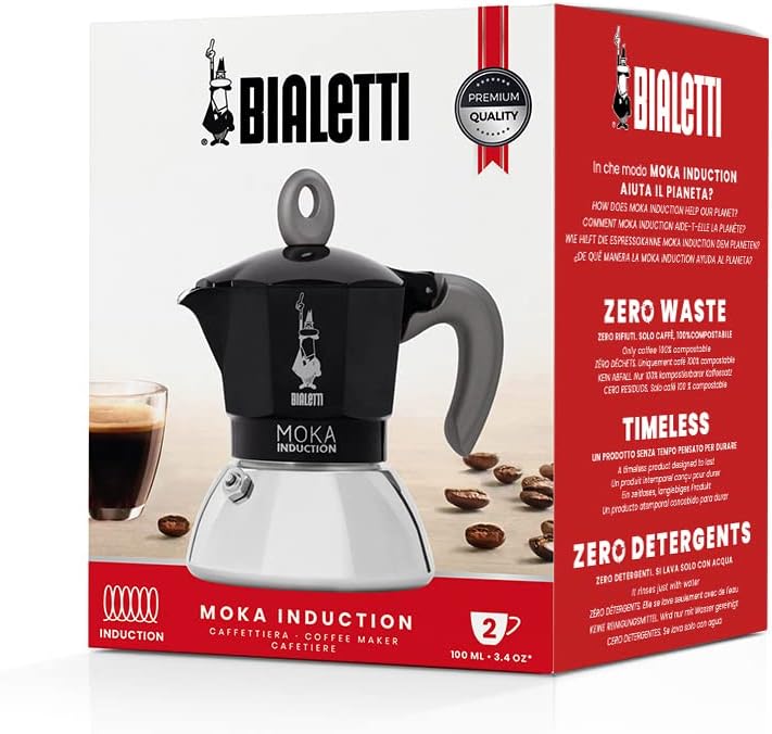 Bialetti Caffettiera Moka Induction, 2 Tazze (100 ml), Adatta a Tutti i piani cottura, Design Elegante, Nero