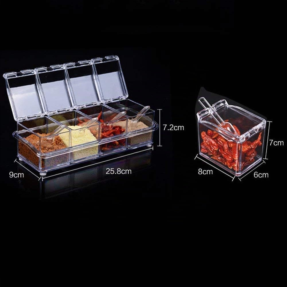 YIQI Clear Condiment Rack Spice Pots - 4 Piece Acrylic Condiment Box - Condiment Container Jars - Ampoule with Cover and Spoon