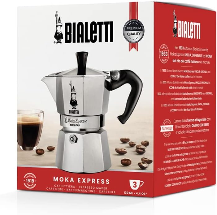 Bialetti Moka Express Caffettiera, Manico Anti Scottatura, Non Adatta A Induzione, Alluminio, Argento, 3 Tazze (130 ml)