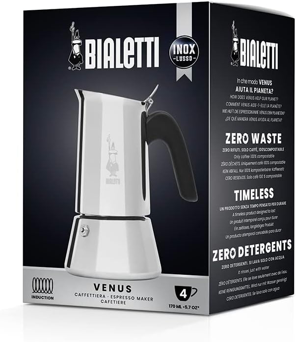 Bialetti Venus - Caffettiera ad induzione, Acciaio inossidabile, Adatta a tutti i tipi di piatti, 4 tazze da caffè (170 ml), Argento