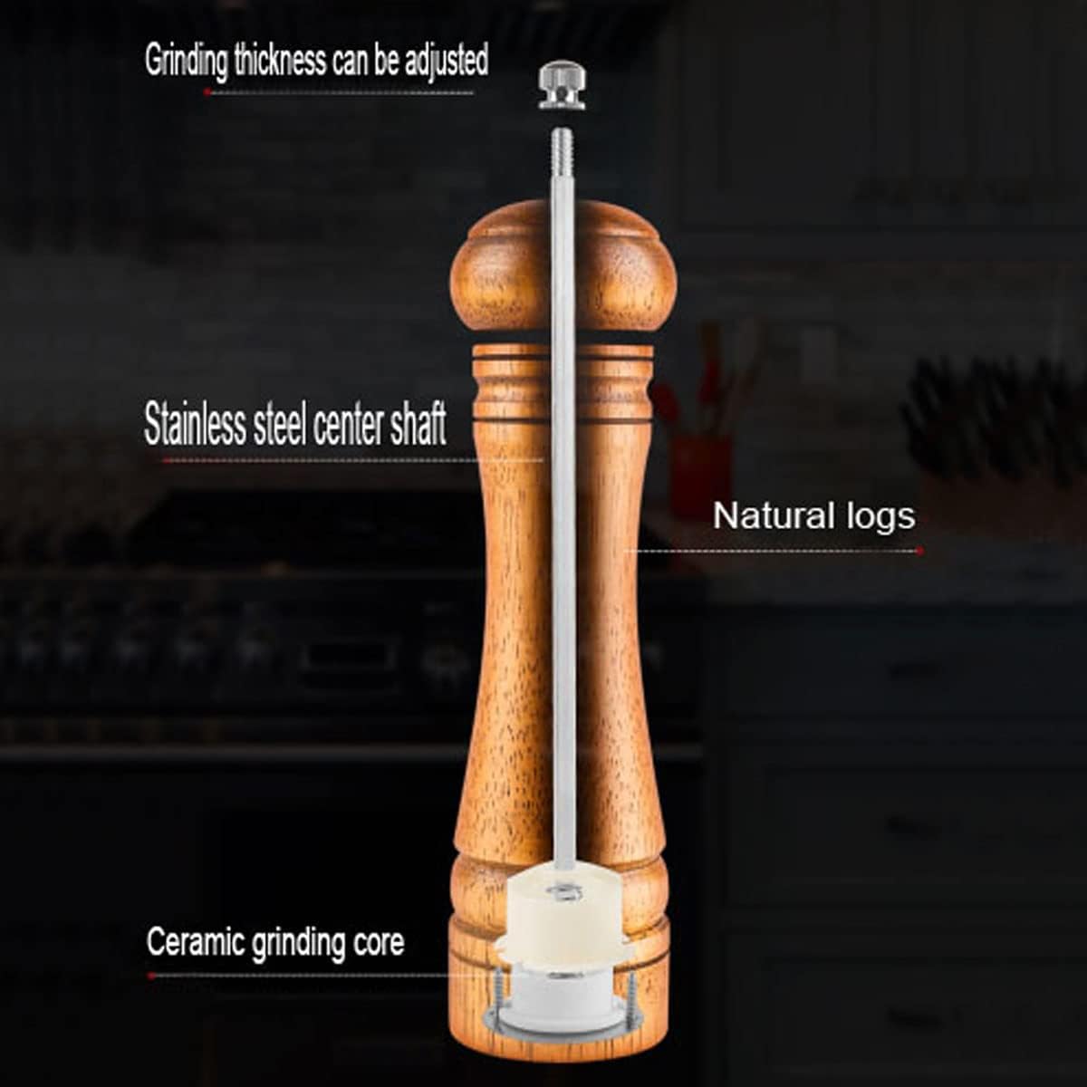 Pepper Mill, Salt Mill, Pepper Mill, Solid Wood Pepper Mill with Adjustable Ceramic Grinder Strong 8 Inches
