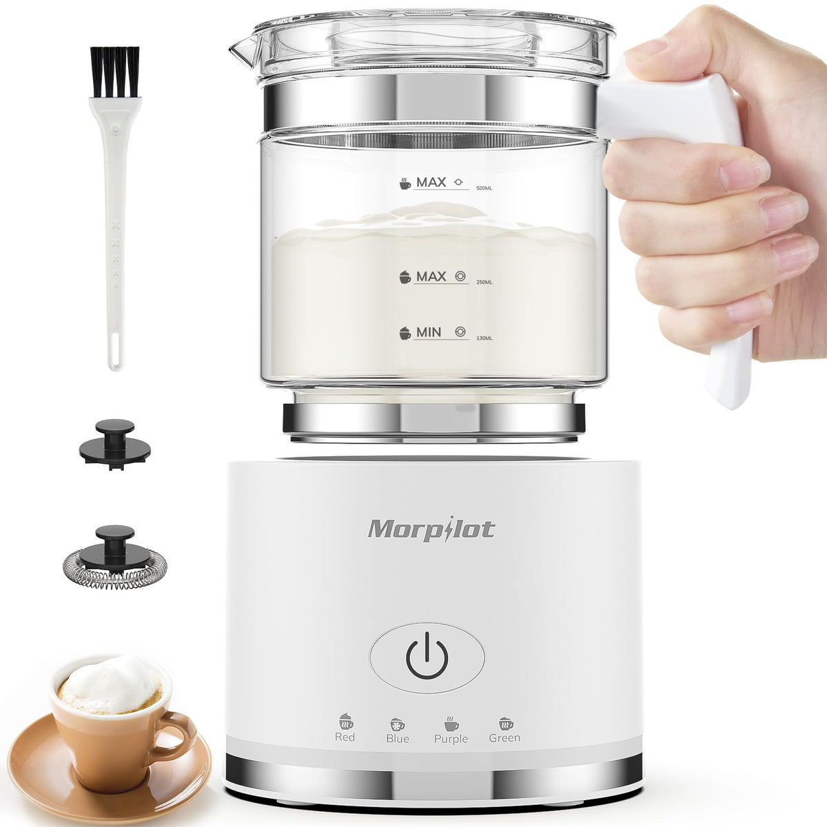 Morpilot Montalatte Elettrico, Milk Frother in Vetro, 4 in 1 Funzione, Bello da Vedere, Capacità 250ml per Schiumare o 500 ml per Riscaldare, Design Diviso, Nero