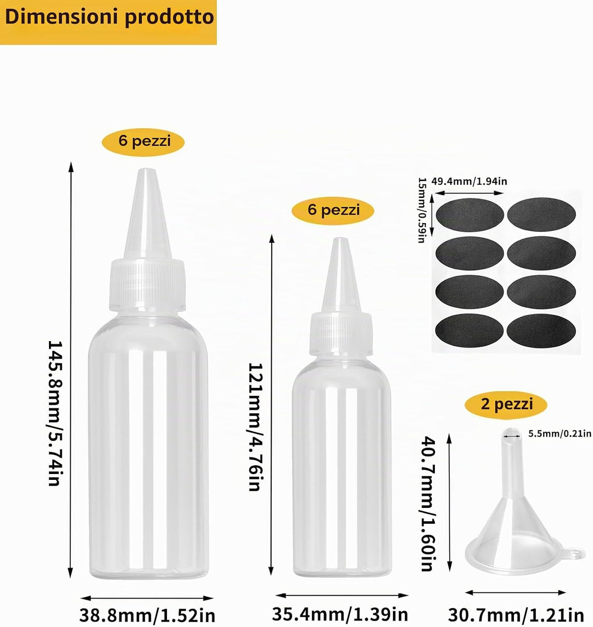 12 pcs Squeeze Bottles 60/100ml with 2 Funnels, 2 Sticker, 1 Pen