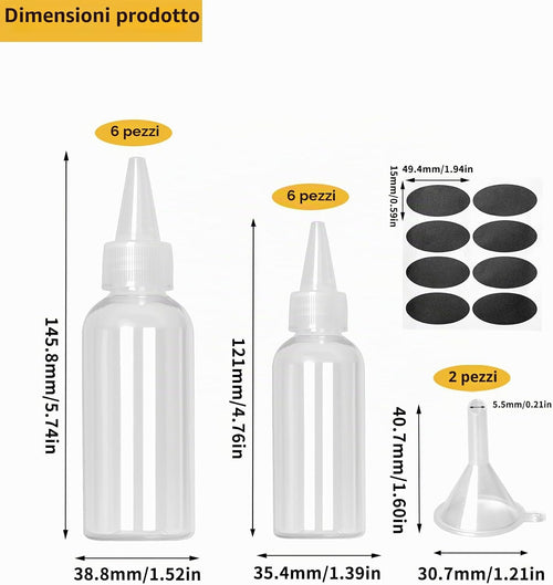 12 pcs Squeeze Bottles 60/100ml with 2 Funnels, 2 Sticker, 1 Pen