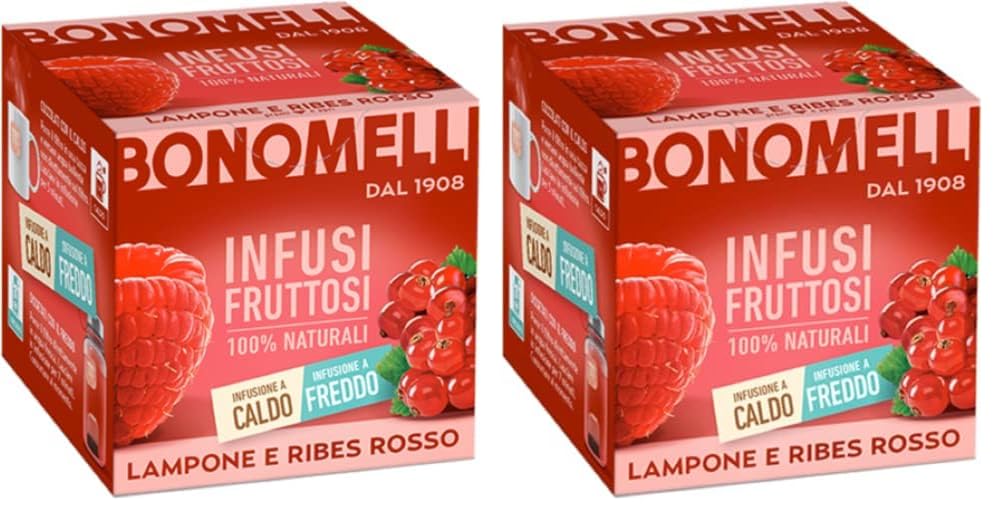 Bonomelli - Infusi Fruttosi, Lampone e Ribes Rosso, Confezione da 12 filtri, Gusto Rinfrescante e Lievemente Acidulo, Infusione a Caldo e a Freddo, Ingredienti 100% Naturali (24g)