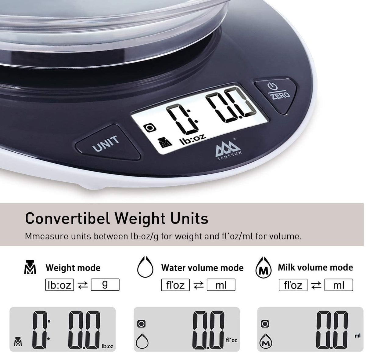 Bilancia Da Cucina Digitale con ciotola da 0,8L, 5kg/11 b, Nera