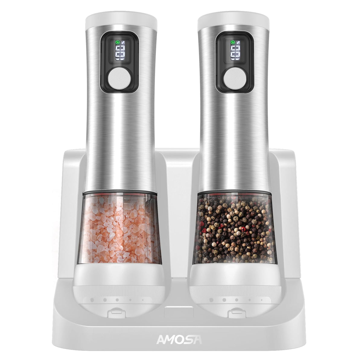 AMOSA Electric Salt and Pepper Mill Set, Battery Display, Rechargeable Base