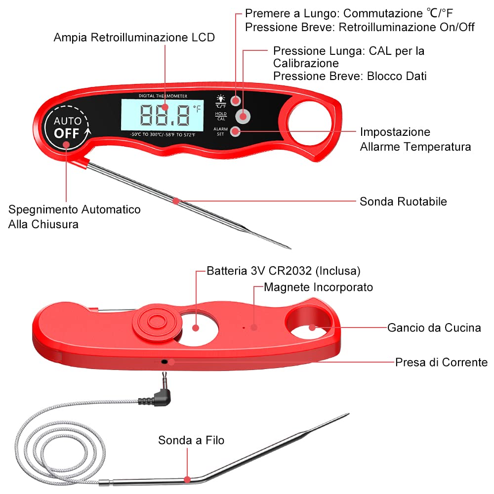 CIRYCASE Termometro Cucina, Termometro Barbecue a Lettura Rapida & Precisa con Sonda Addizionale a Filo da 102cm, Display LCD con Controluce Termometro Forno con Magnete per Forno, BBQ, Carne, ecc