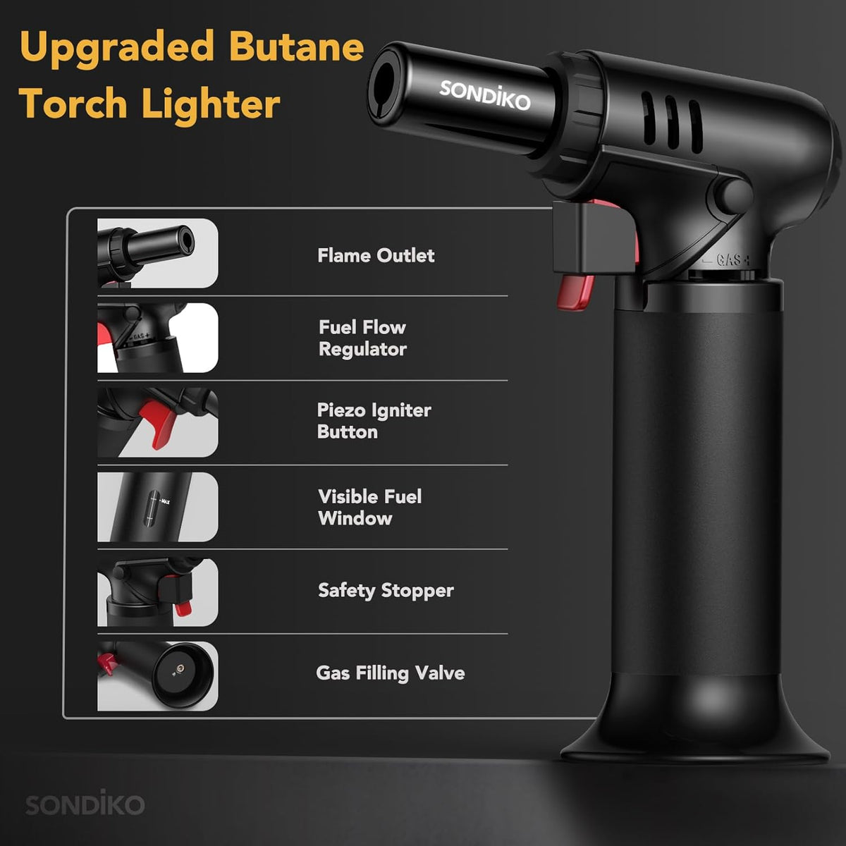 Sondiko Kitchen Torch, Rechargeable Torch with Safety Lock and Adjustable Flame for Crafts, Creme Brulee, Barbecue and Baking, Butane Gas Not Included