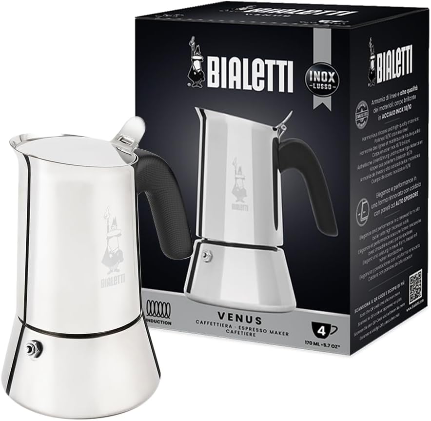 Bialetti Venus - Caffettiera ad induzione, Acciaio inossidabile, Adatta a tutti i tipi di piatti, 4 tazze da caffè (170 ml), Argento