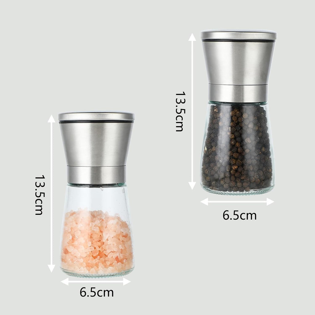 Wenrescry Set of 2 Stainless Steel Pepper and Salt Mill with Adjustable Ceramic Grinder for Fine or Coarse Grain, Clear Glass, Ideal for Spices, 180 ml
