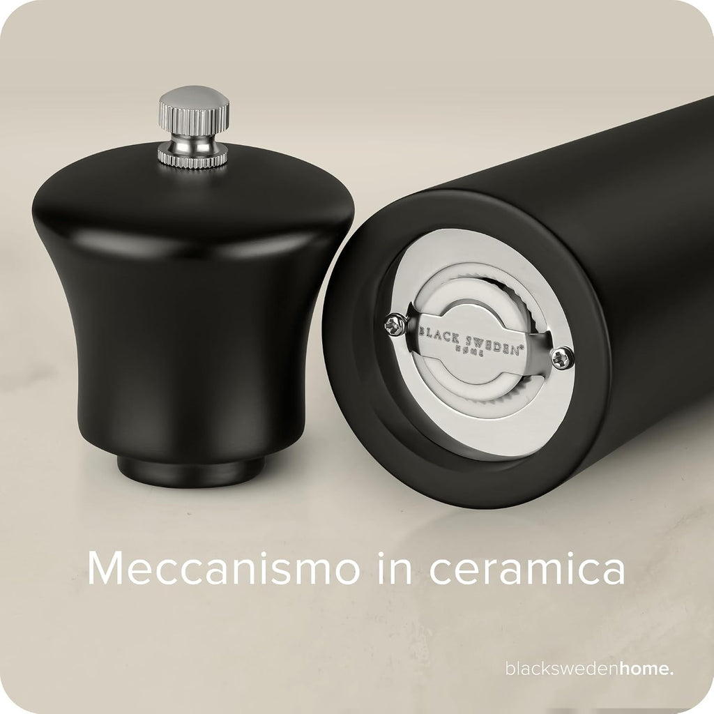 Black Sweden Home Salt and Pepper Mill in Wood - Elegant Salt and Pepper Mill Set - Pepper Mill with Black and White Design - Ceramic Spice Mill - Nordic Style - Perfect for Modern Table