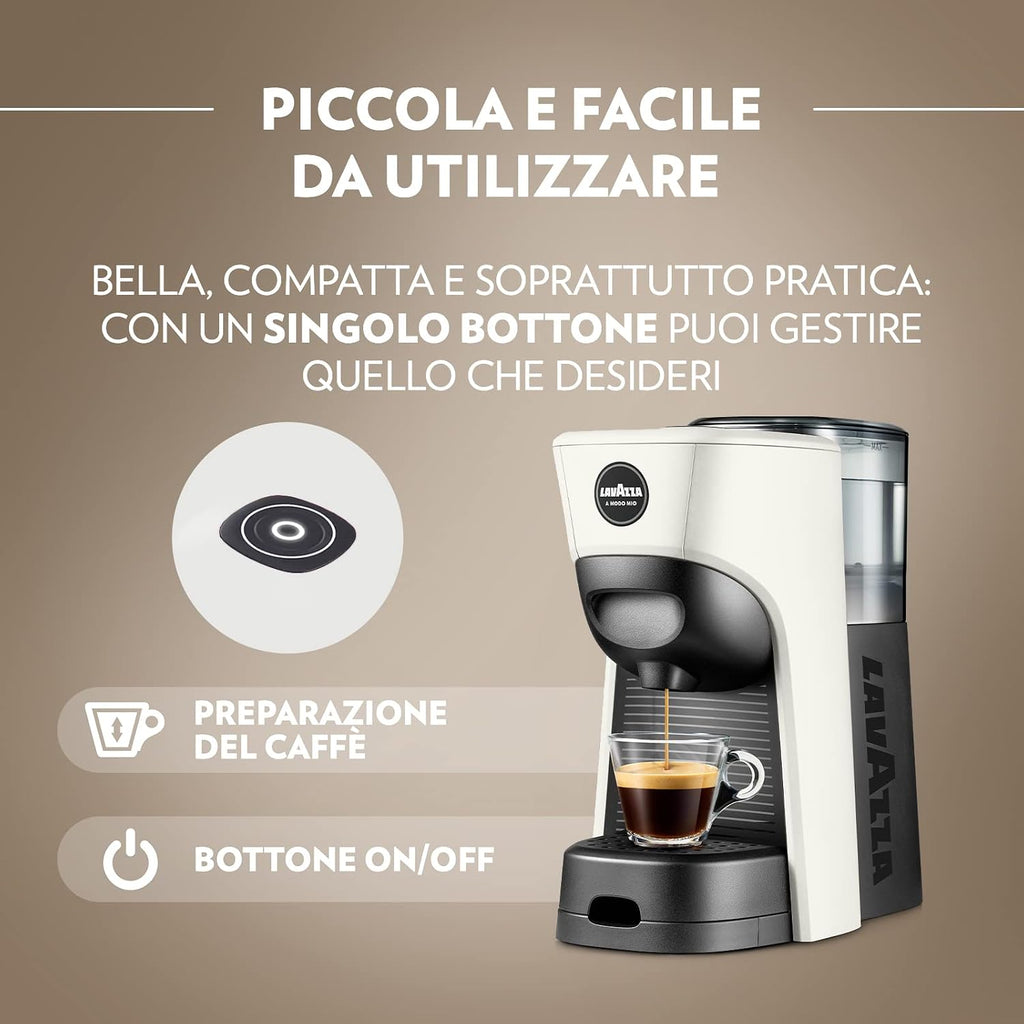 Lavazza, A Modo Mio Macchina per Caffè Tiny Bianca con 64 Capsule Qualità Rossa Incluse, Macchina per Espresso in Plastica Riciclata, 1450 W, 220-240 V, 50/60 Hz, 0.6 Litri