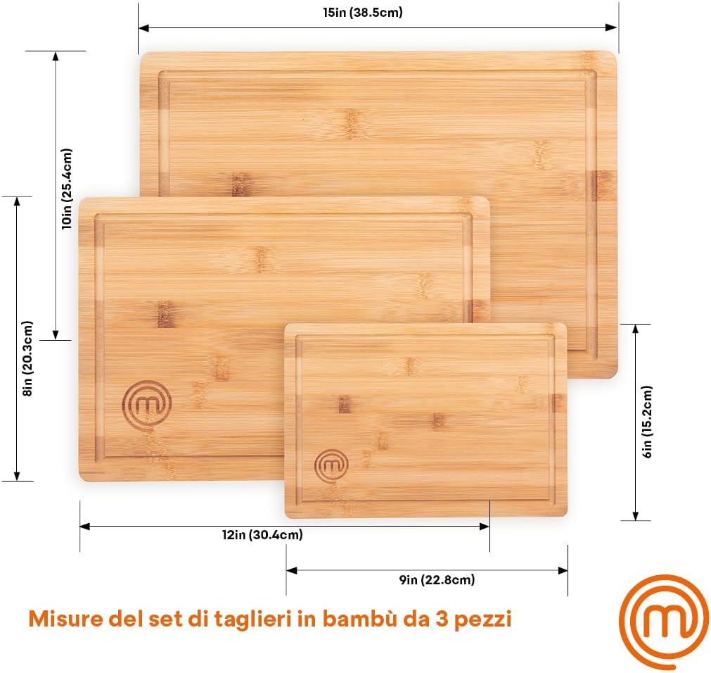 MasterChef Taglieri Legno, Set Tagliere Cucina in Bamboo, 3 Pezzi: