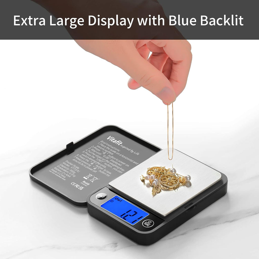 Vitafit 500g Bilancia di Precisione 0.01g, Bilancia Tascabile LCD Blu, Nera