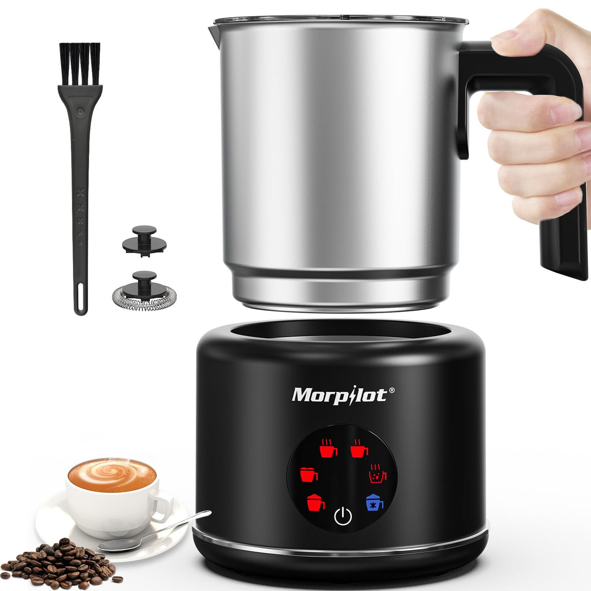Morpilot Montalatte Elettrico, Milk Frother in Vetro, 4 in 1 Funzione, Bello da Vedere, Capacità 250ml per Schiumare o 500 ml per Riscaldare, Design Diviso, Nero