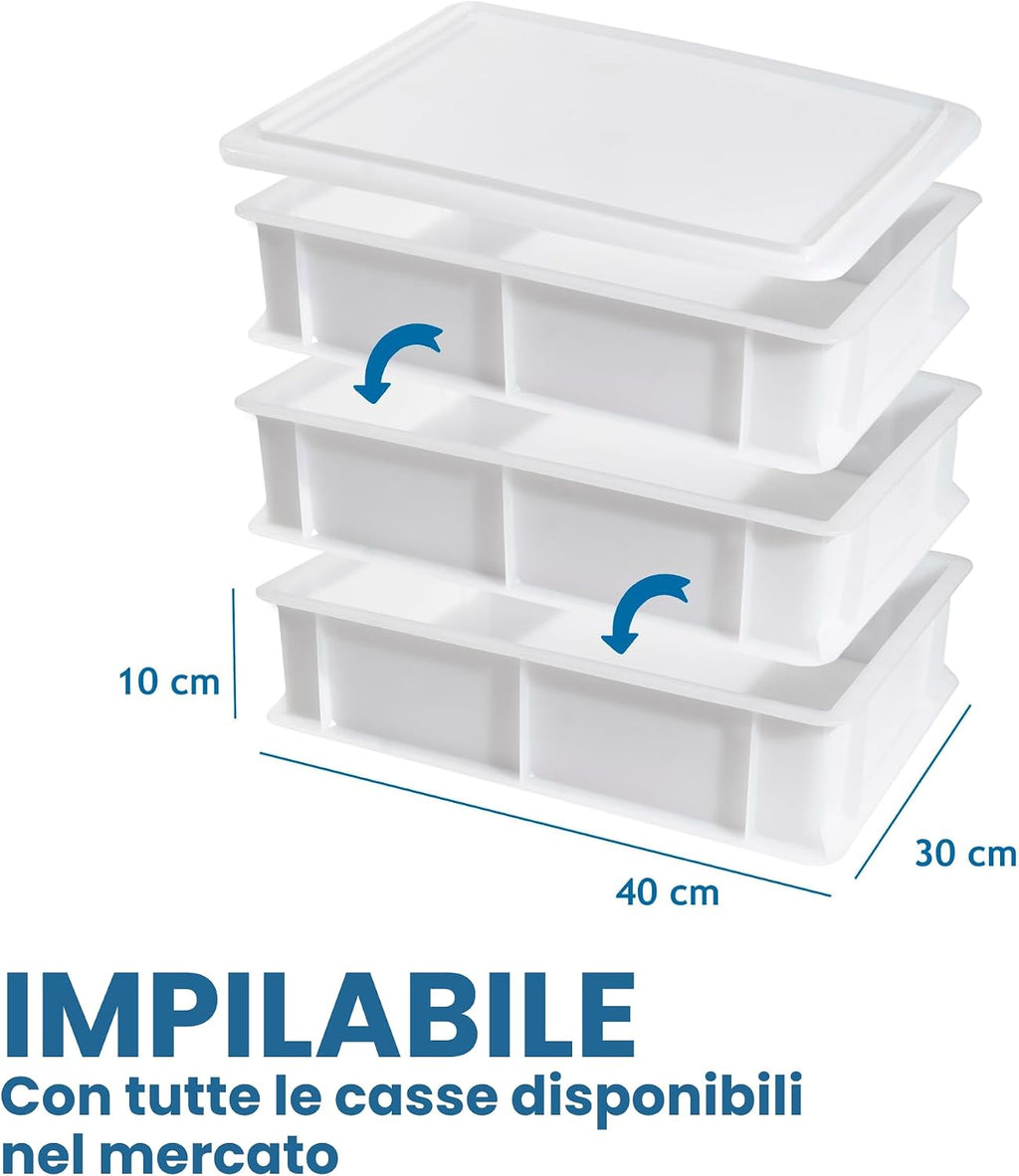 Contenitore Lievitazione Pizza, 2 Box Impilabili 40x30x10 + 1 Coperchio