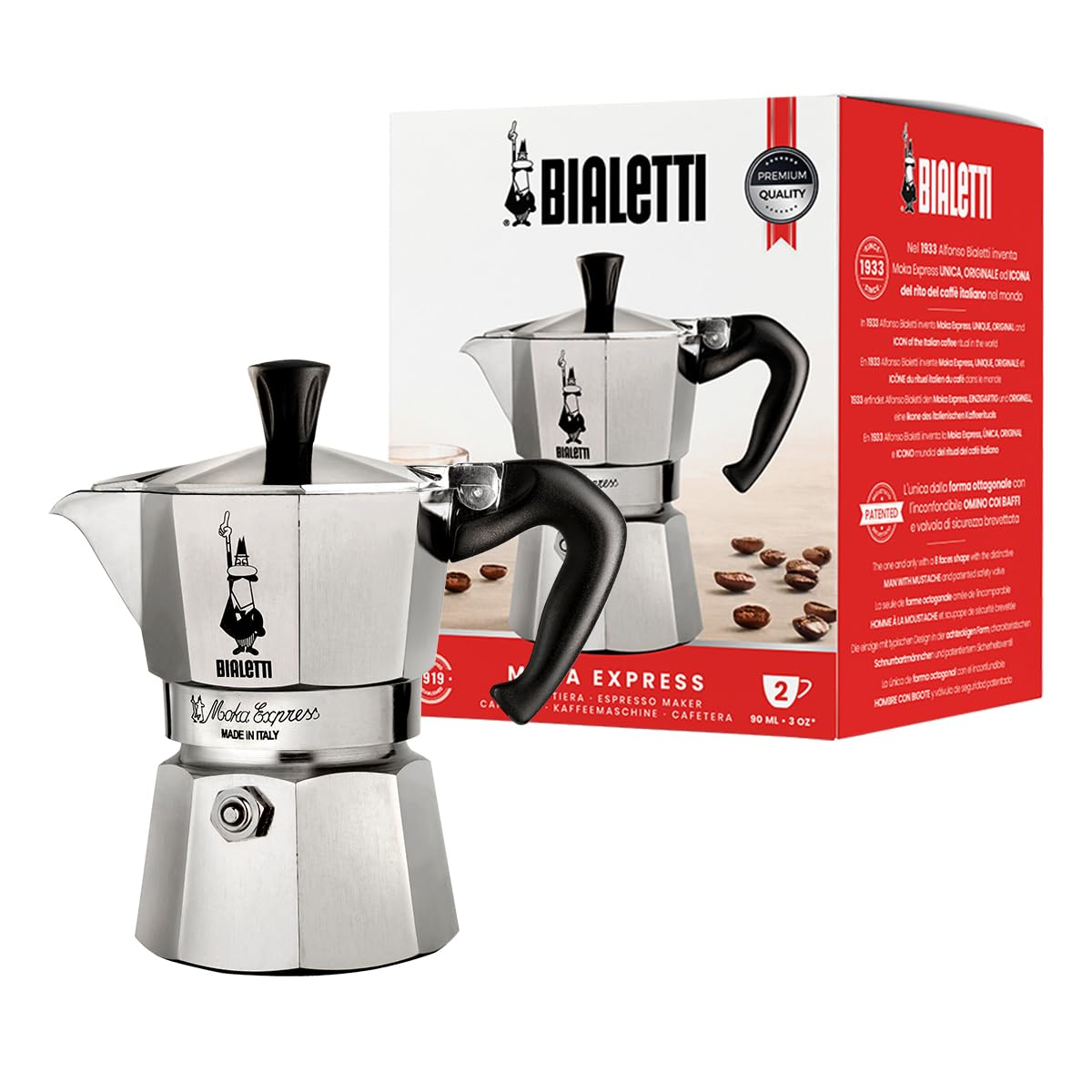 Bialetti Moka Express Caffettiera, Manico Anti Scottatura, Non Adatta A Induzione, Alluminio, Argento, 3 Tazze (130 ml)