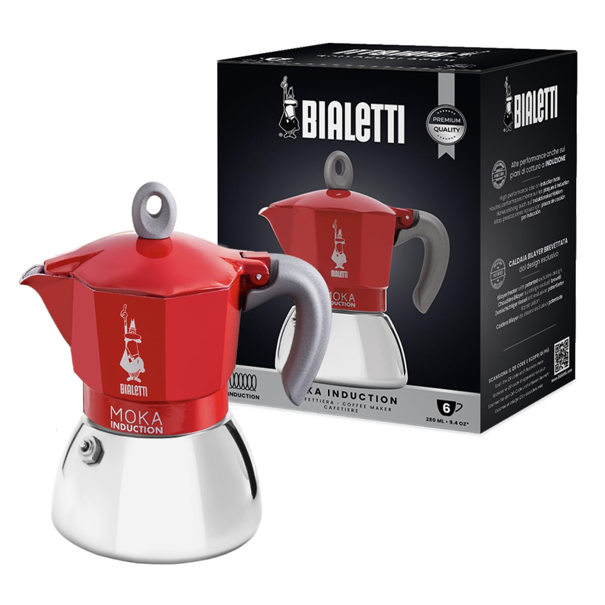 Bialetti Caffettiera Moka Induction, 2 Tazze (100 ml), Adatta a Tutti i piani cottura, Design Elegante, Nero