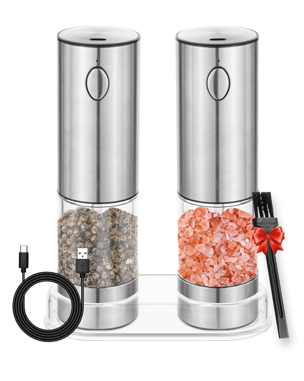 Electric Pepper and Salt Grinder 110ml USB Rechargeable Salt Pepper Mill Spice Grinder with 5 Levels of External Gear Adjustment with Viewing Window