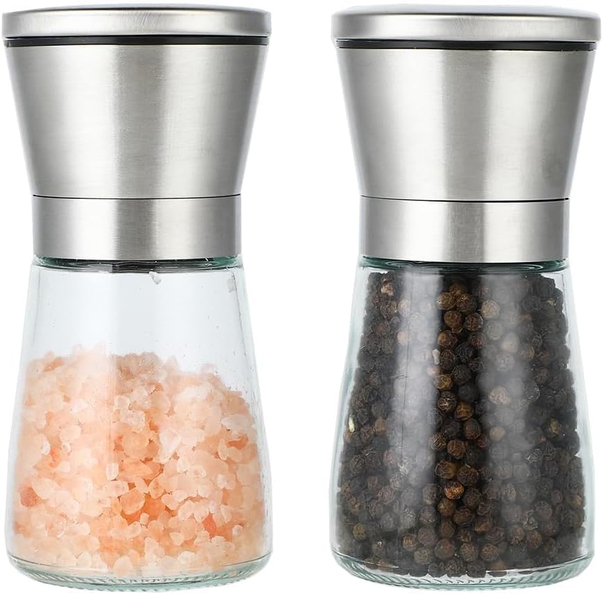 Wenrescry Set of 2 Stainless Steel Pepper and Salt Mill with Adjustable Ceramic Grinder for Fine or Coarse Grain, Clear Glass, Ideal for Spices, 180 ml