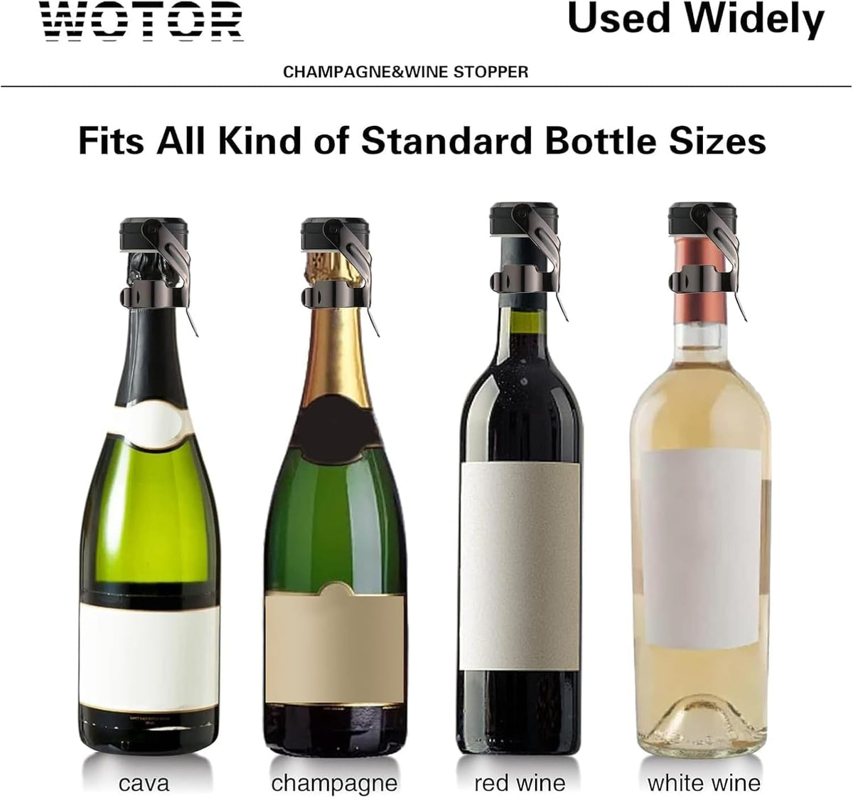 WOTOR Sparkling Wine Stopper, Wine Bottle Stoppers, Leak Proof, Keep Fresh, Reusable Wine Accessories, Suitable for Red Wine, Champagne, Prosecco, Sparkling Wine (Black, 2 Pack)