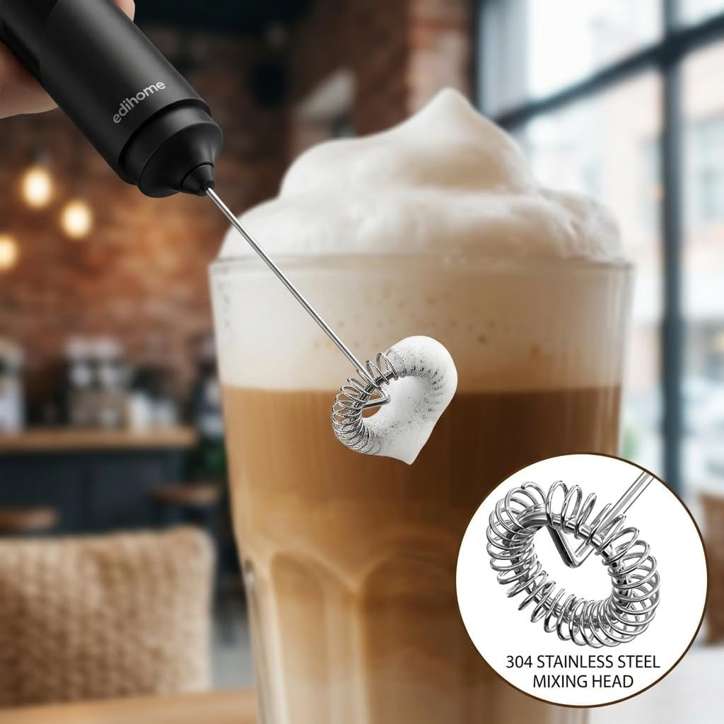 edihome, Montalatte Elettrico per Cappuccino, Frullino Montalatte Portatile, Schiuma Latte Elettrico per Latte e Caffè, Milk Frother Ricaricabile o a Batterie, Veloce e Silenzioso (Batterie, Nero)