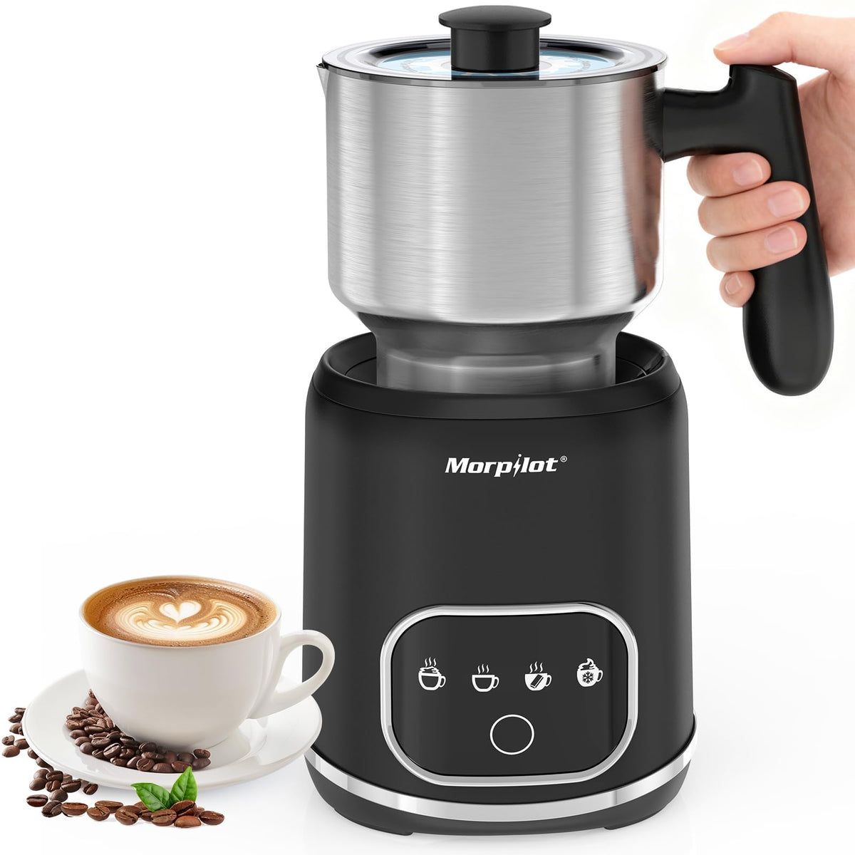 Morpilot Montalatte Elettrico, Milk Frother in Vetro, 4 in 1 Funzione, Bello da Vedere, Capacità 250ml per Schiumare o 500 ml per Riscaldare, Design Diviso, Nero