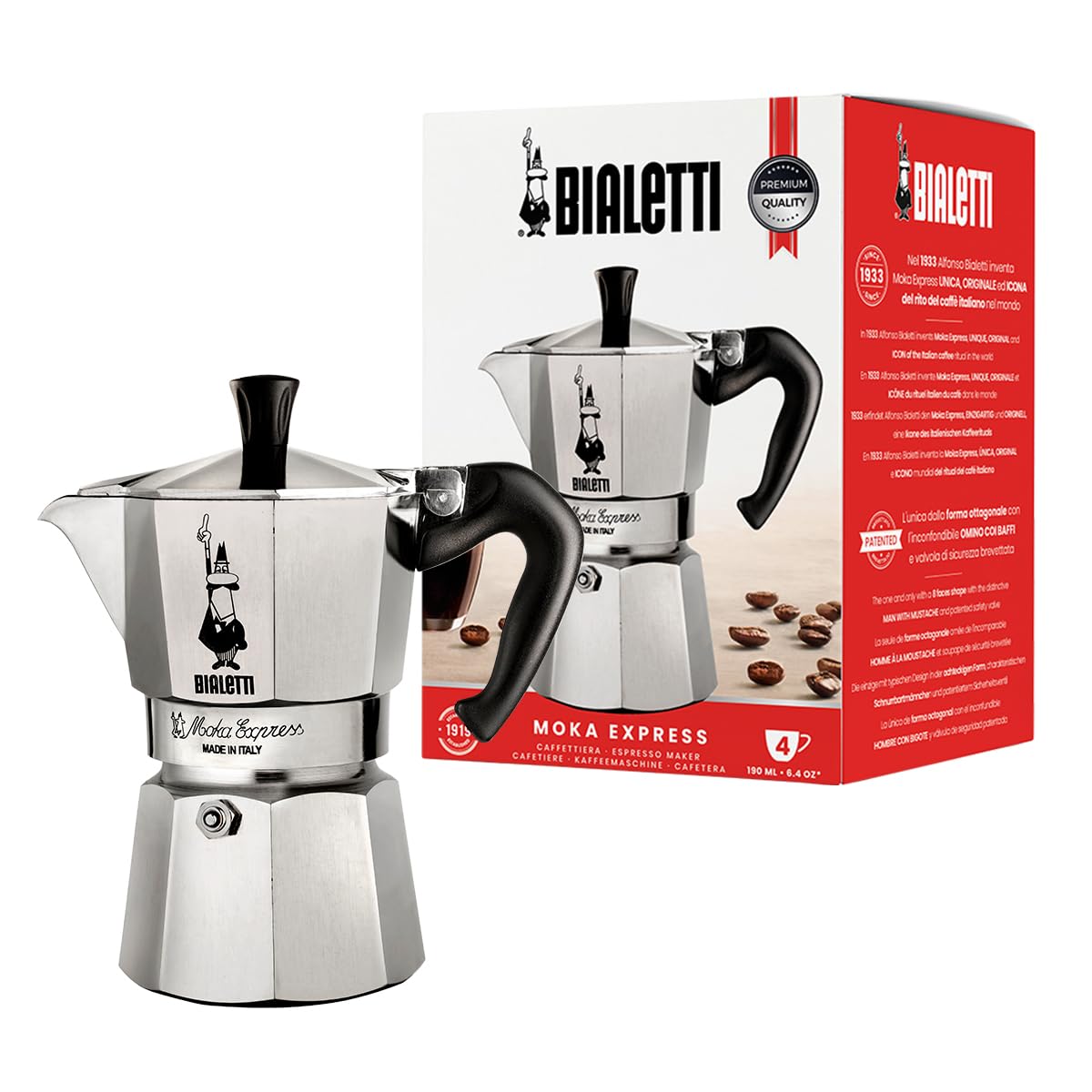 Bialetti Moka Express Caffettiera, Manico Anti Scottatura, Non Adatta A Induzione, Alluminio, Argento, 3 Tazze (130 ml)