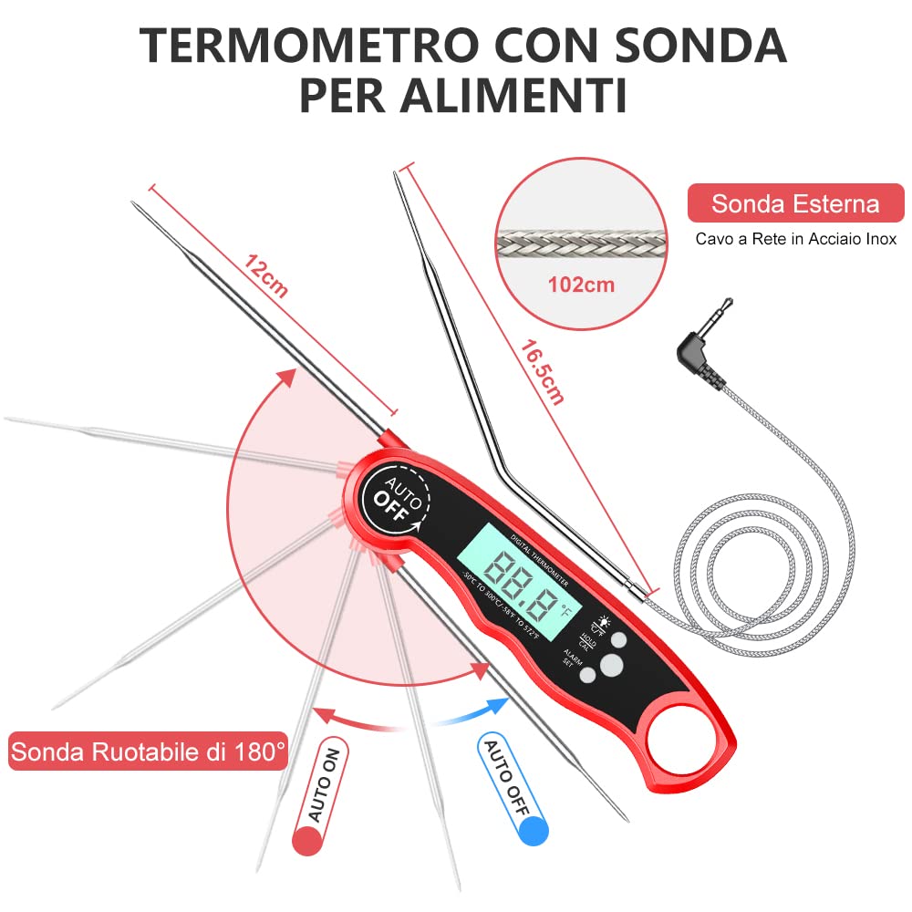 CIRYCASE Termometro Cucina, Termometro Barbecue a Lettura Rapida & Precisa con Sonda Addizionale a Filo da 102cm, Display LCD con Controluce Termometro Forno con Magnete per Forno, BBQ, Carne, ecc