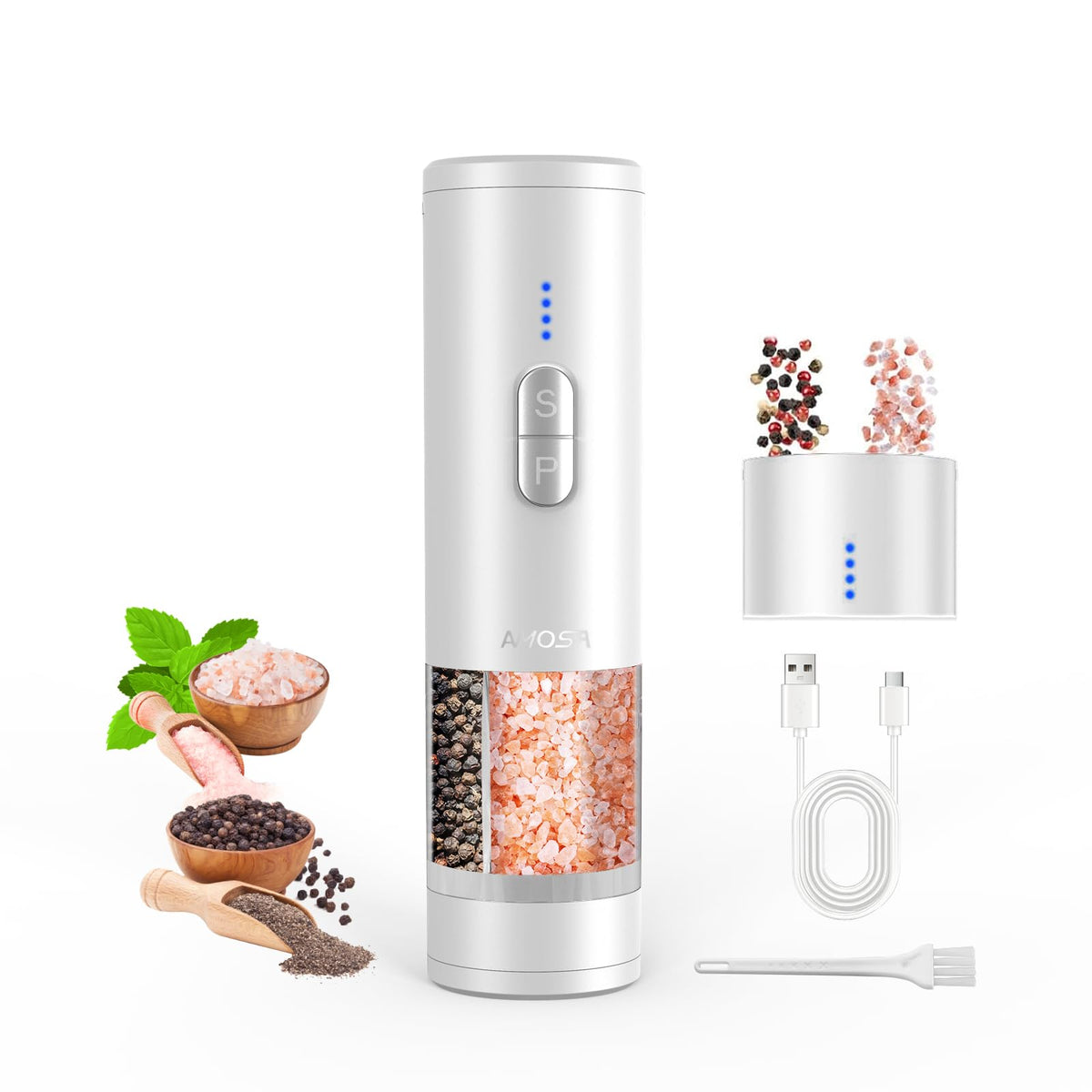 AMOSA Electric Salt and Pepper Mill Set, Battery Display, Rechargeable Base