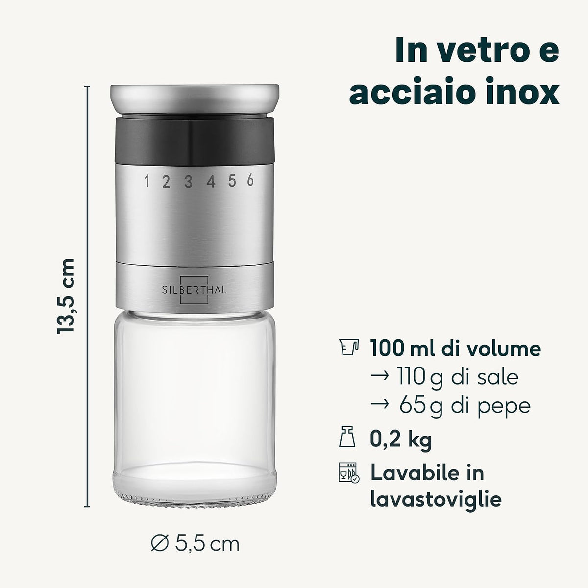 SILBERTHAL Pepper and Salt Grinder Adjustable 6 Levels - Stainless Steel