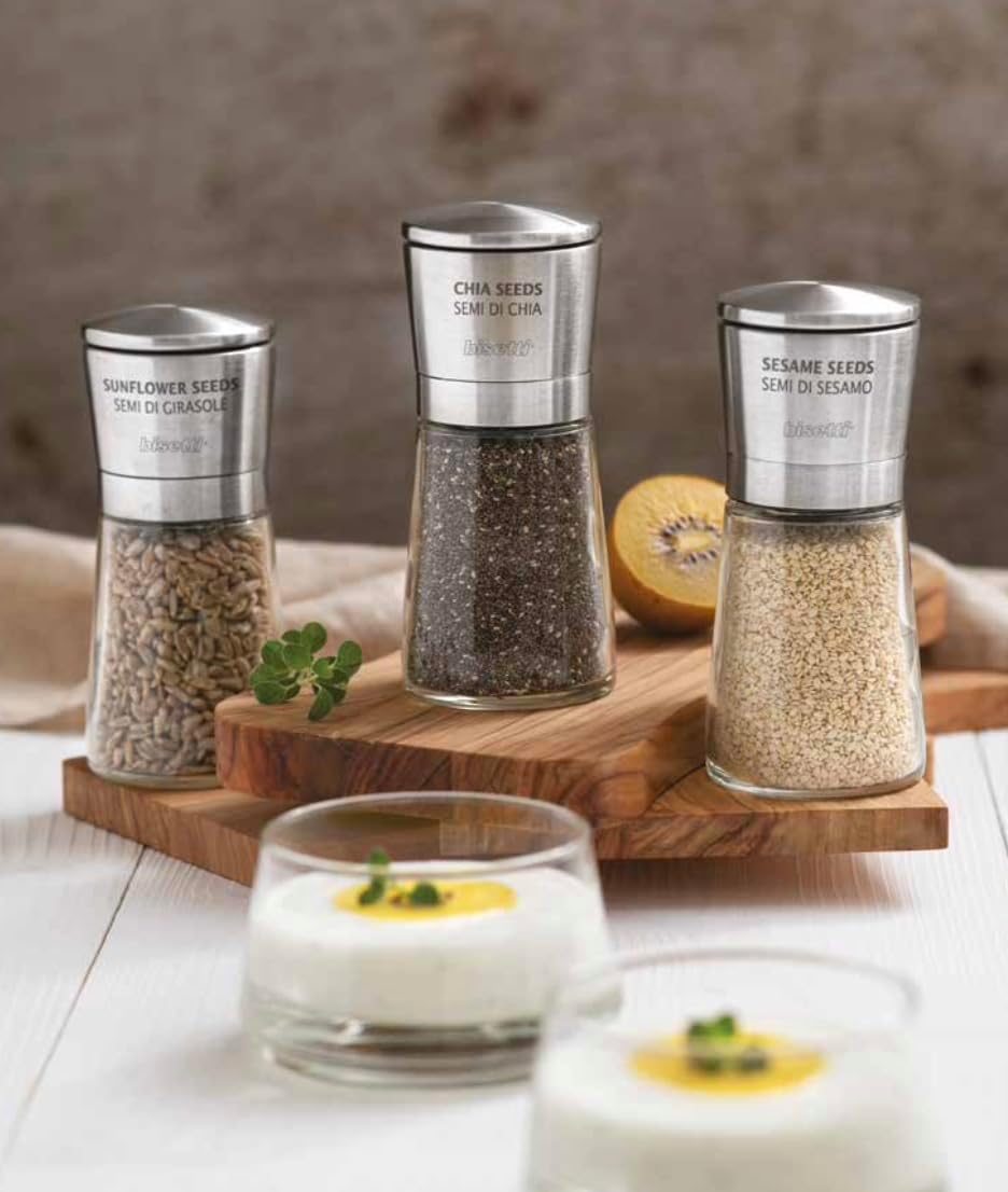 Bisetti Falx Seeds - Special Seeds with Stainless Steel Cap, Made in Italy, Glass and Metal, Silver/Clear, Height 14.5 cm