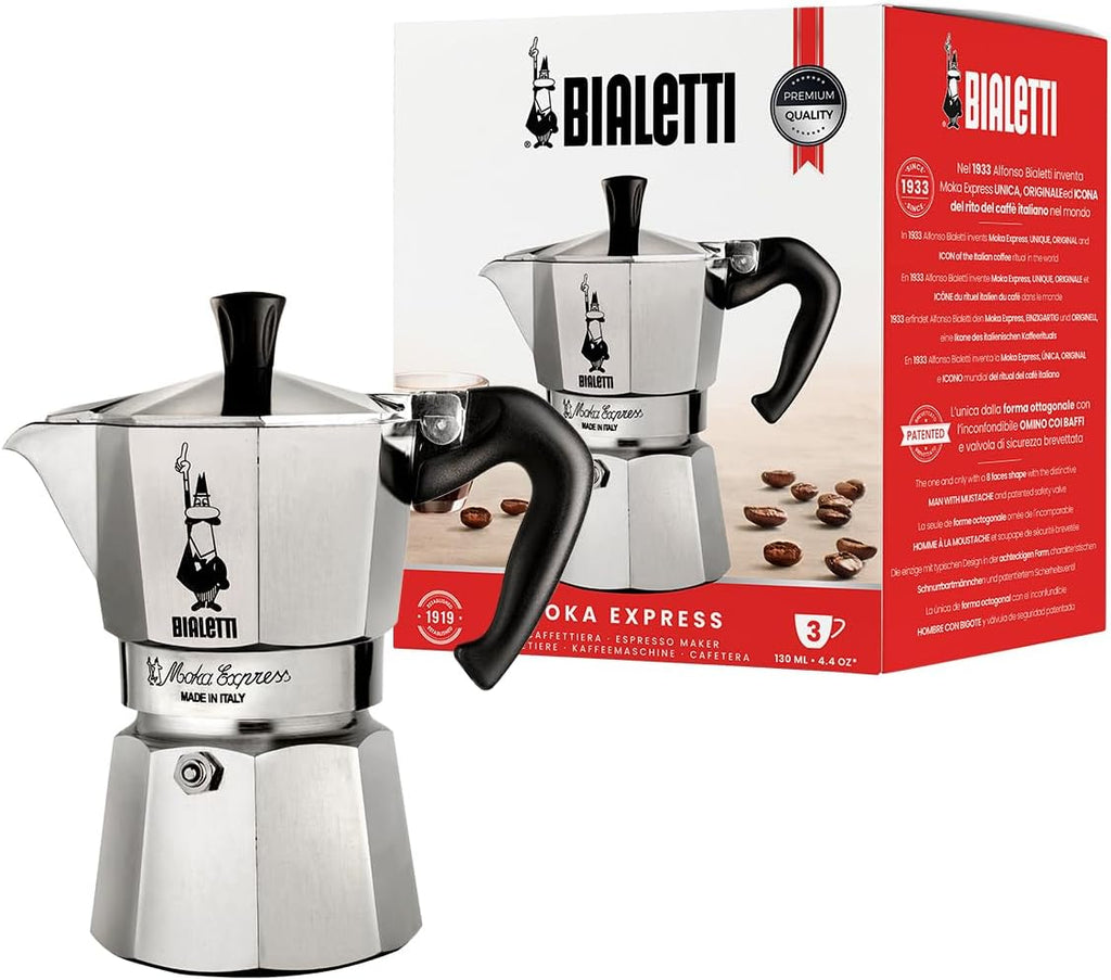 Bialetti Moka Express Caffettiera, Manico Anti Scottatura, Non Adatta A Induzione, Alluminio, Argento, 3 Tazze (130 ml)