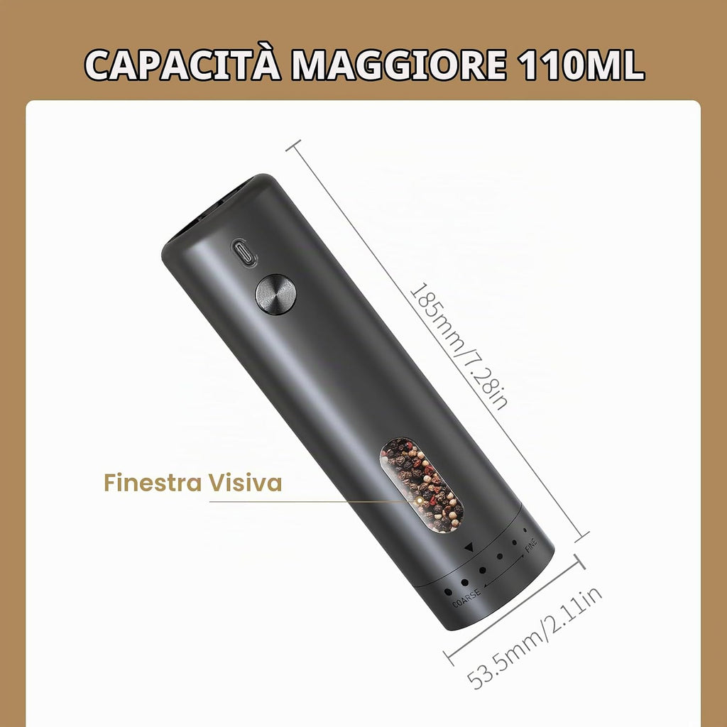 Electric Pepper and Salt Grinder 110ml USB Rechargeable Salt Pepper Mill Spice Grinder with 5 Levels of External Gear Adjustment with Viewing Window