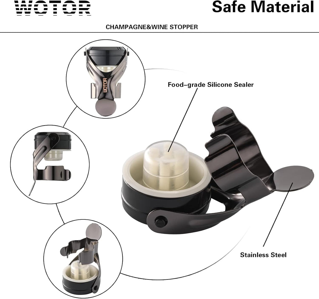 WOTOR Sparkling Wine Stopper, Wine Bottle Stoppers, Leak Proof, Keep Fresh, Reusable Wine Accessories, Suitable for Red Wine, Champagne, Prosecco, Sparkling Wine (Black, 2 Pack)