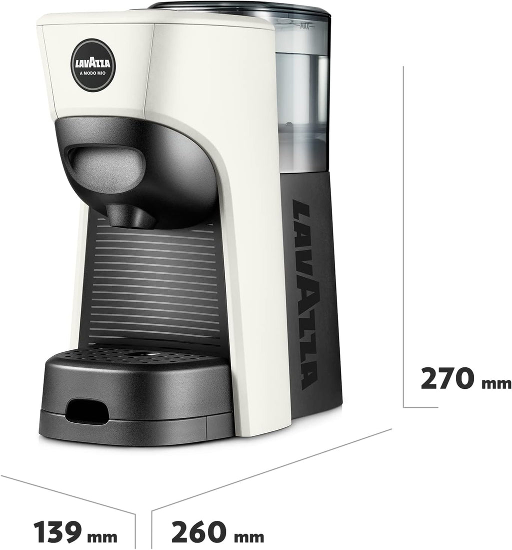 Lavazza, A Modo Mio Macchina per Caffè Tiny Bianca con 64 Capsule Qualità Rossa Incluse, Macchina per Espresso in Plastica Riciclata, 1450 W, 220-240 V, 50/60 Hz, 0.6 Litri