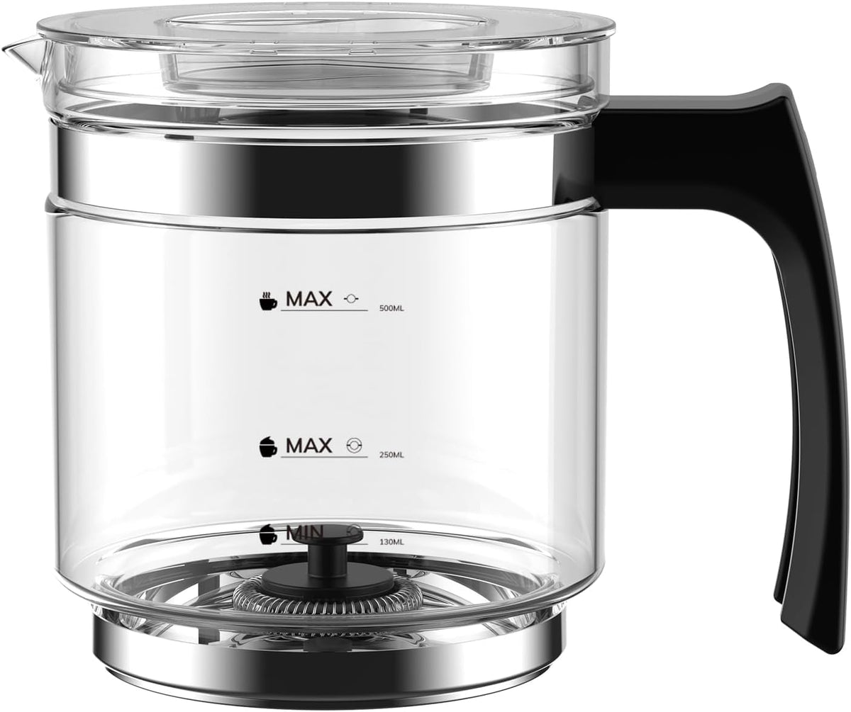 Morpilot Montalatte Elettrico, Milk Frother in Vetro, 4 in 1 Funzione, Bello da Vedere, Capacità 250ml per Schiumare o 500 ml per Riscaldare, Design Diviso, Nero