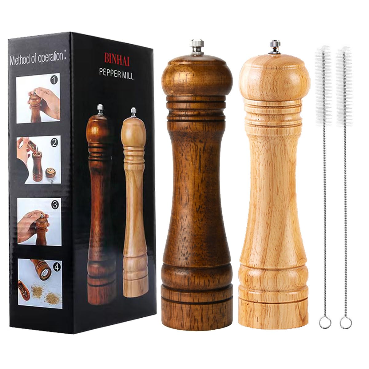 Pepper Mill, Salt Mill, Pepper Mill, Solid Wood Pepper Mill with Adjustable Ceramic Grinder Strong 8 Inches