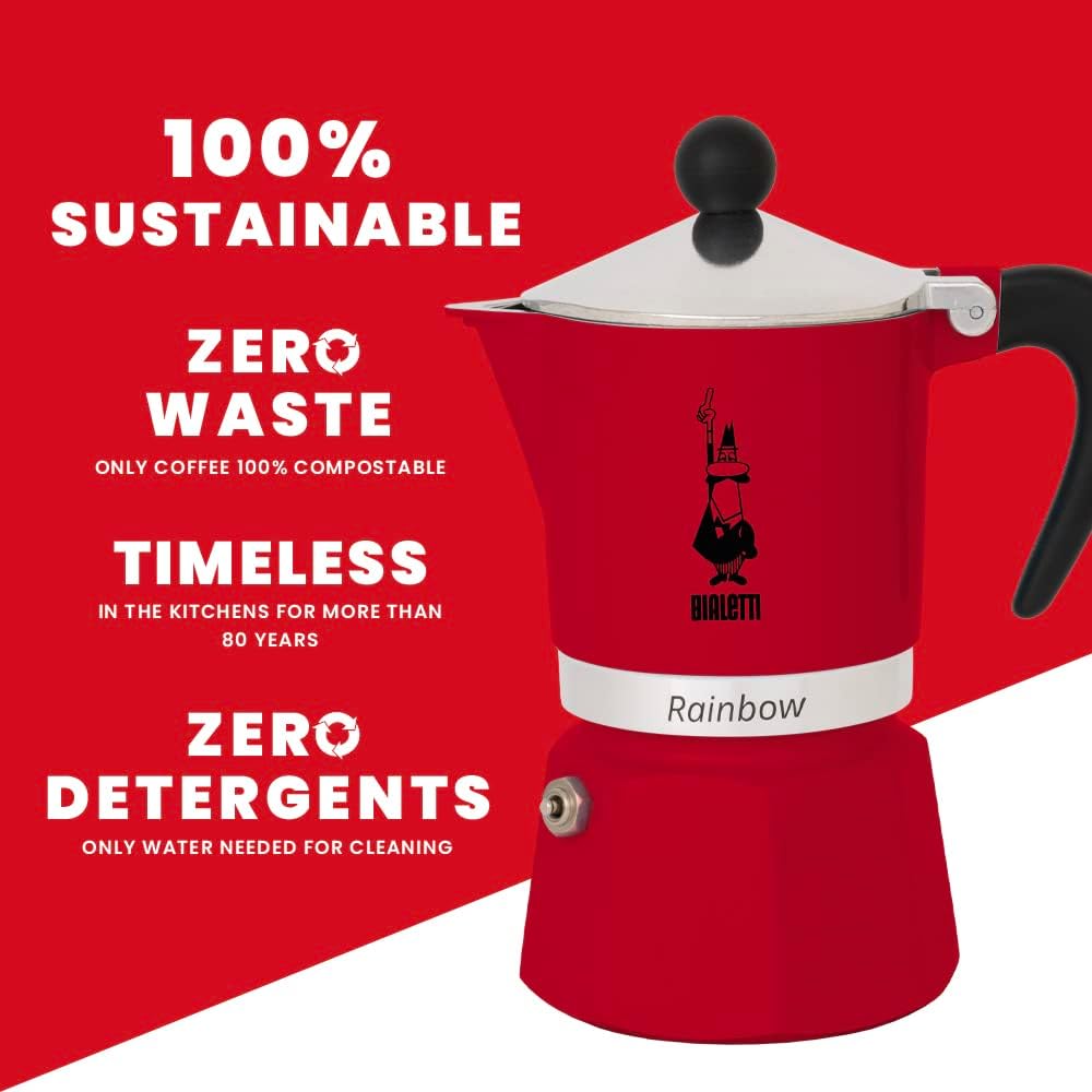 Bialetti Rainbow Caffettiera Colorata, Alluminio, Rosso, 1 Tazza