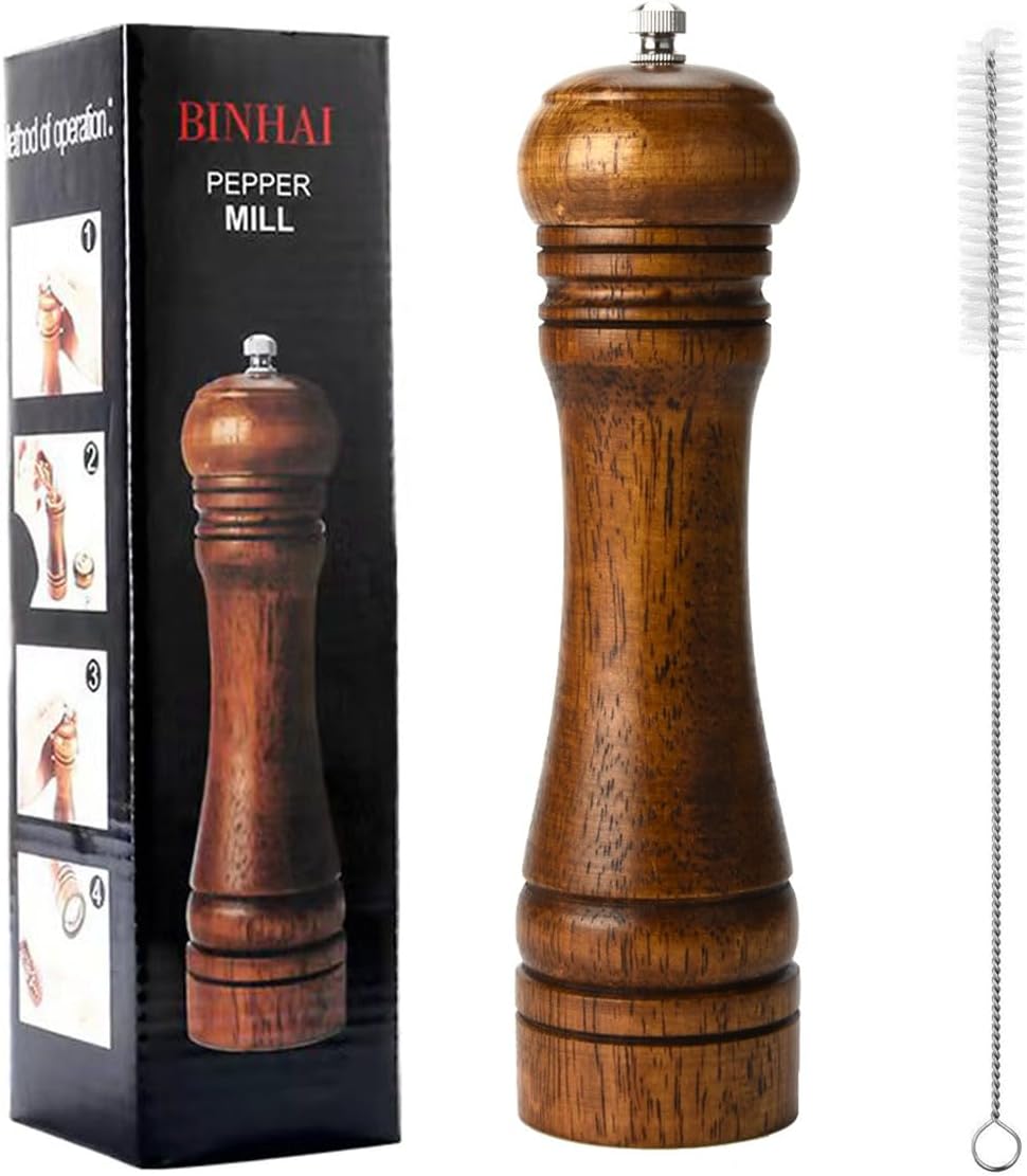 Pepper Mill, Salt Mill, Pepper Mill, Solid Wood Pepper Mill with Adjustable Ceramic Grinder Strong 8 Inches