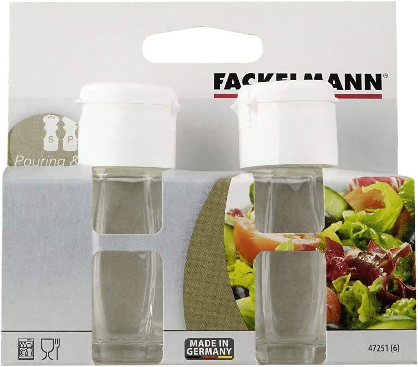 Fackelmann Glass Salt and Pepper Shakers Set with Plastic Screw Cap and Pressure Closure, Diameter 4 x 8 cm Dishwasher Safe Package Contains 2 Pieces