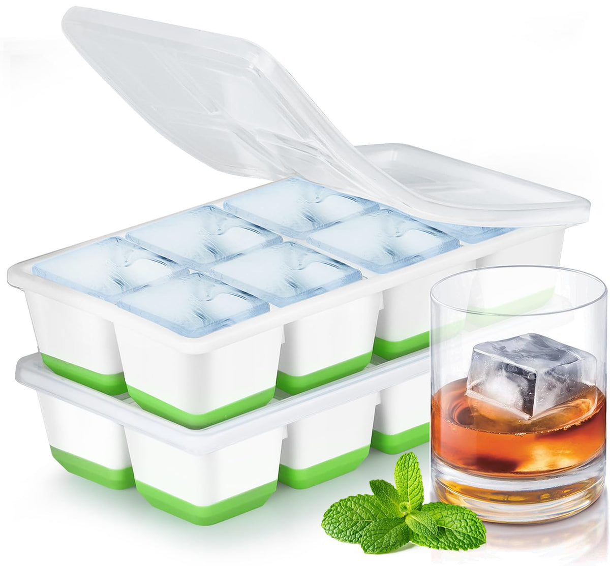 Stampo Ghiaccio Grande, JRISBO Set 2 Stampi con Coperchio per Cubetti Ghiaccio Silicone senza BPA, Formine Cubi Ghiaccio Forma Vaschette Ice Cube Tray per Cocktail Birra Whisky (Blu)