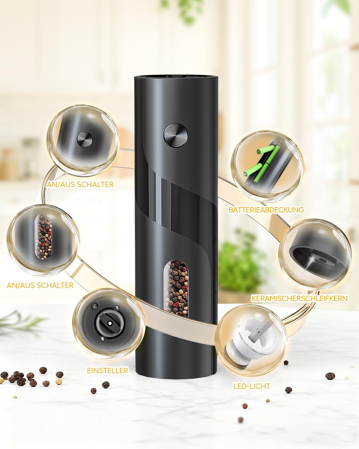 Electric Salt and Pepper Grinder - Top Filling, 5 Levels - Large Capacity 120ml - Set of 2 Battery Operated Pepper Mills - Complete with Base and White LED Light