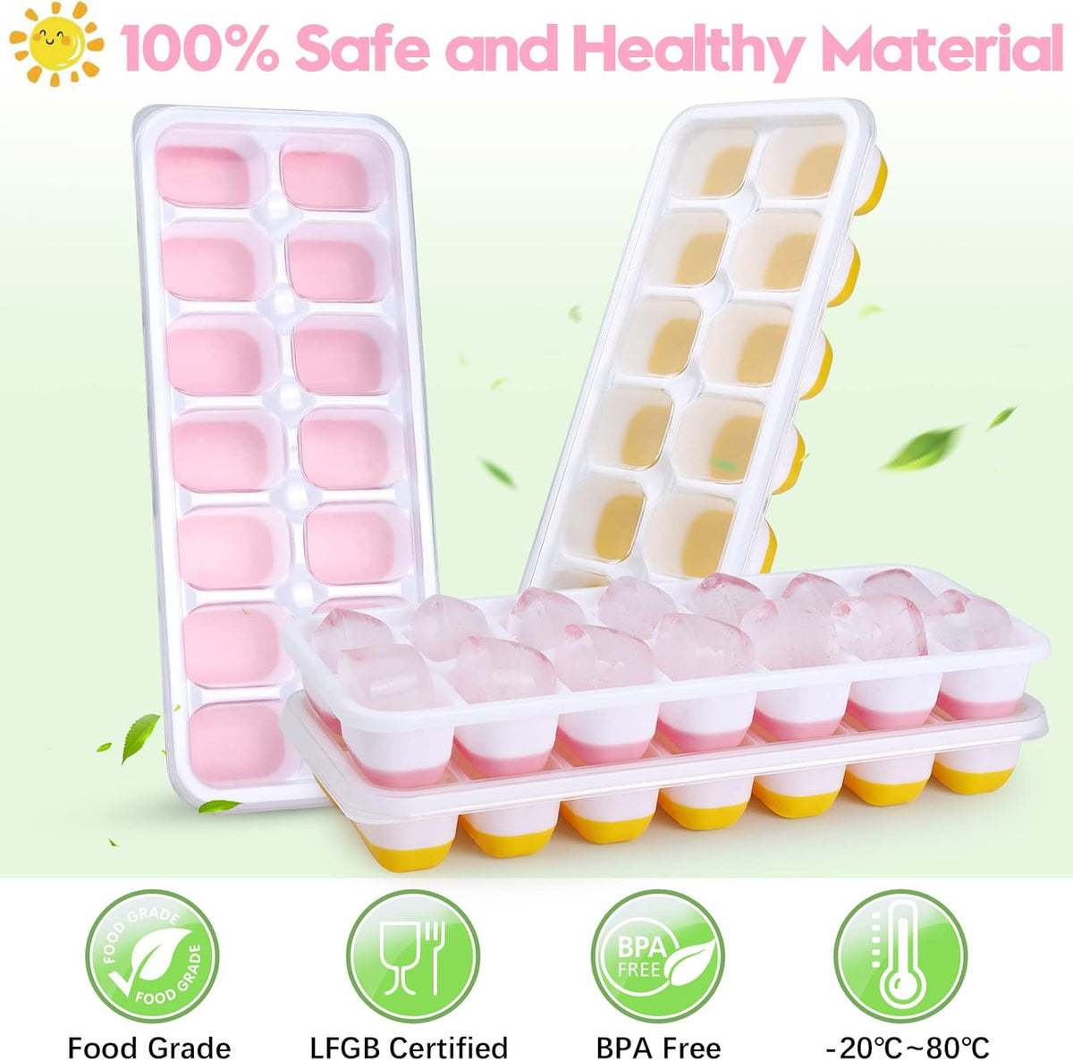 Set of 4 Ice Moulds with Lids, Ice Moulds Silicone 100% BPA Free and LFGB Certified, Stackable Space-Saving Trays Ice Cubes for Cocktail Whiskey