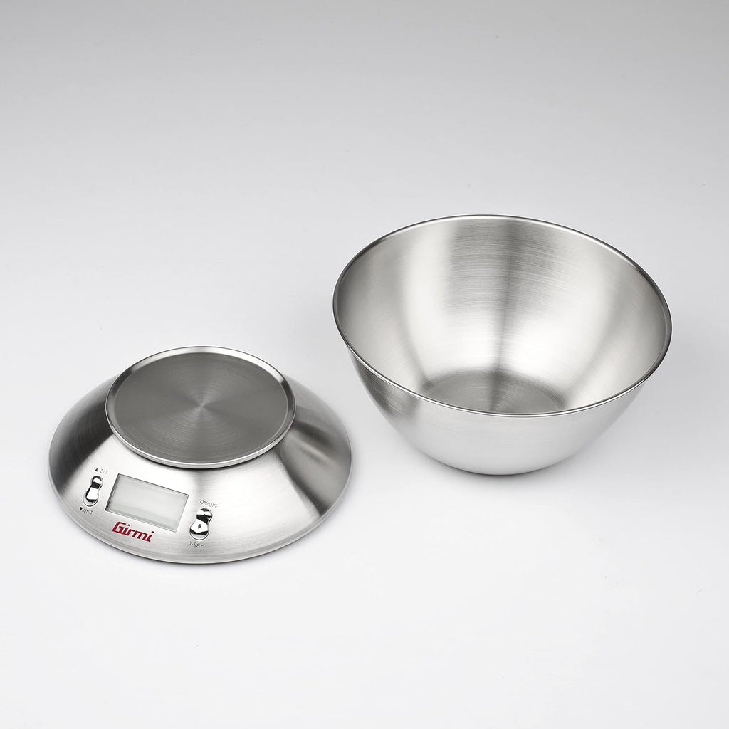 Girmi PS85 Bilancia Elettronica da Cucina,1 g/5 kg, Grande ciotola 2 L, Corpo e Ciotola Inox, Display retroilluminato, Funzione TARA, Timer