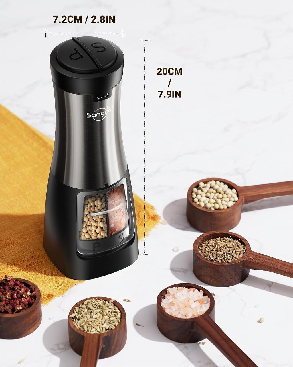 Sangcon USB Rechargeable 2 in 1 Electric Salt and Pepper Grinder, Automatic One-Hand Operation, LED Light, Adjustable Ceramic Grinders (Metal Metallic)